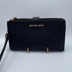 Michael Kors Black Pebble Leather Adele Double Zip Phone Wristlet Wallet